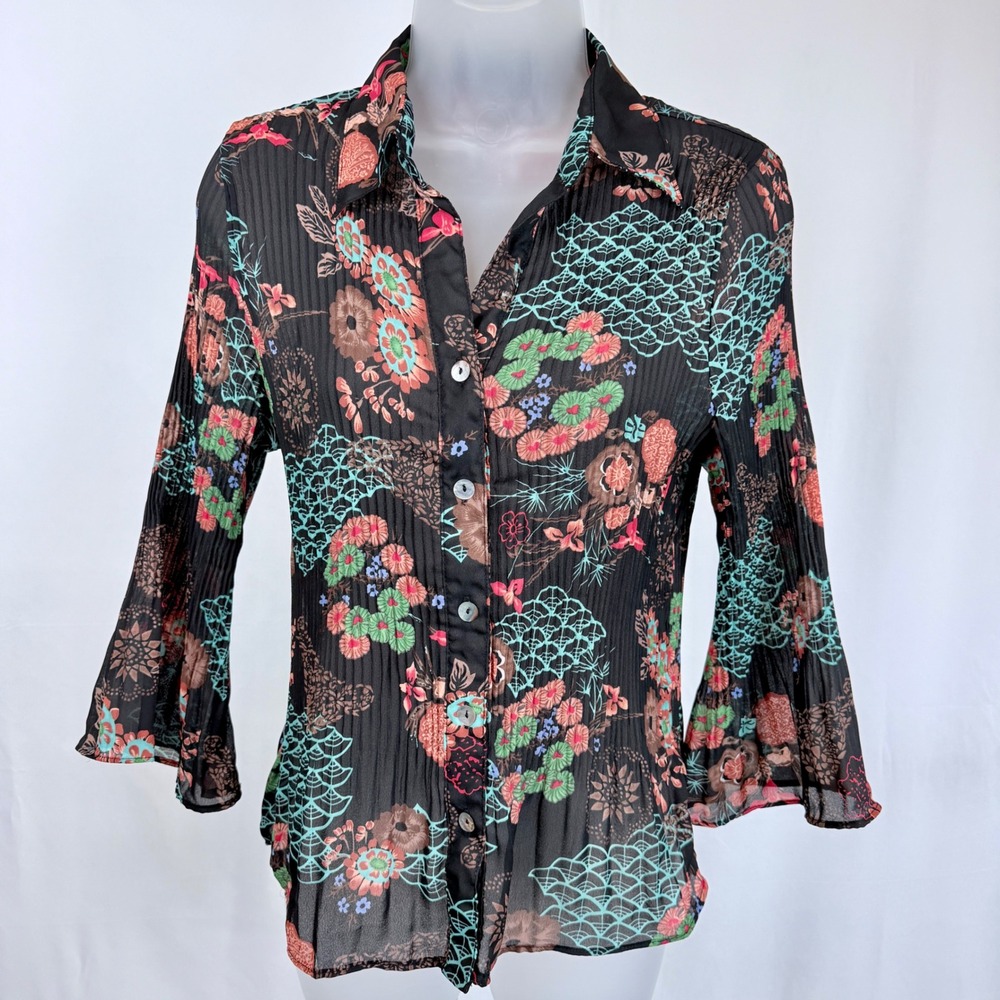 Sere Nade New York Boho Crinkle Blouse Bell Sleeve Floral Print Top Size Small